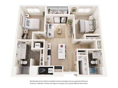 Floor plan for 2 beds, 2 baths, 1010 sqft